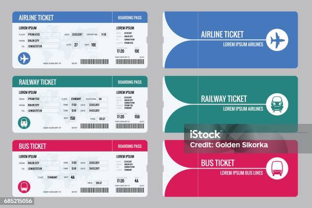 Set Of Tickets Airplane Bus And Train Travel Around The World And Countries Recreation And Entertainment Business Trip Vector Isometric Illustration Isolated On White Background Vector Design - Arte vetorial de stock e mais imagens de Bilhete