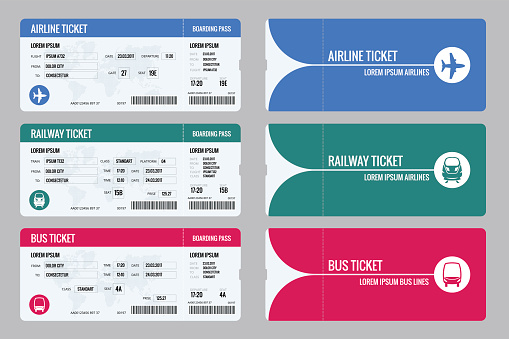 Set of tickets airplane, bus and train. Travel around the world and countries. Recreation and entertainment. Business trip. Vector isometric illustration. Isolated on white background. Vector design