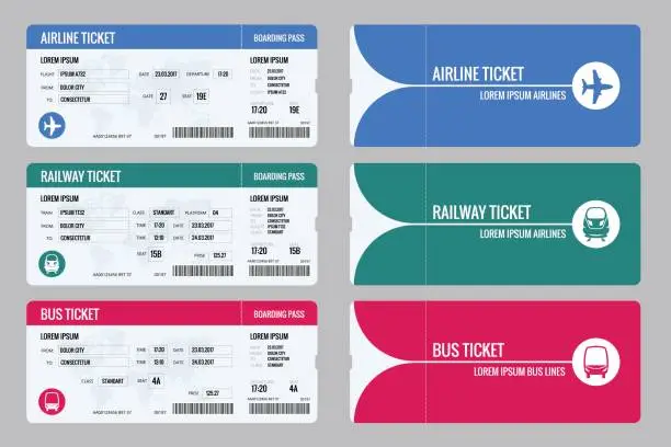Vector illustration of Set of tickets airplane, bus and train. Travel around the world and countries. Recreation and entertainment. Business trip. Vector isometric illustration. Isolated on white background. Vector design