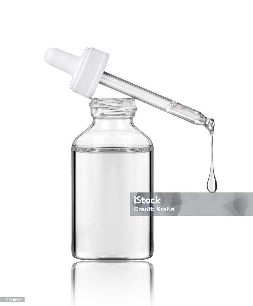 Frasco cosmético com pipeta no fundo branco - Foto de stock de Pipeta royalty-free