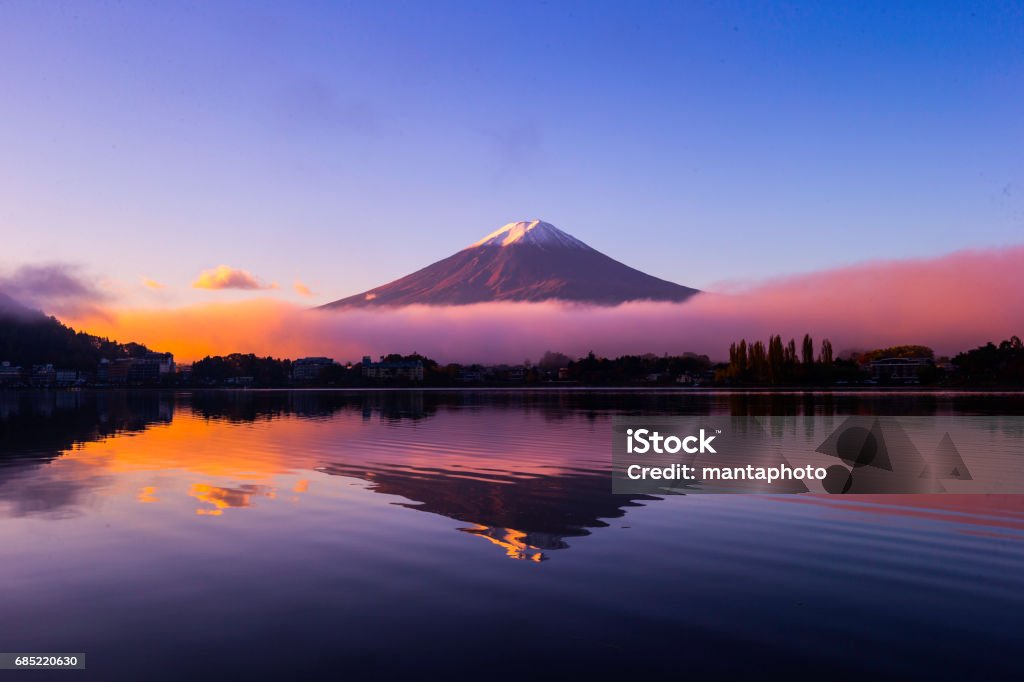 Mt Fuji Japan Mountain Fuji at winter morning with reflection on the lake Kawaguchi, Japan Japan Stock Photo