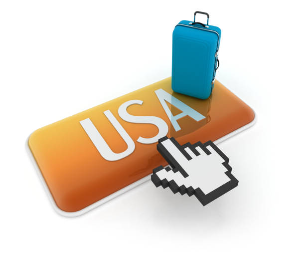 Hand cursor on USA button with travel bag