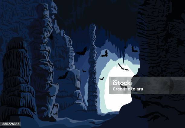 Vector Underground Karst Cave With Bats Stock Illustration - Download Image Now - Cave, Bat - Animal, Stalagmite