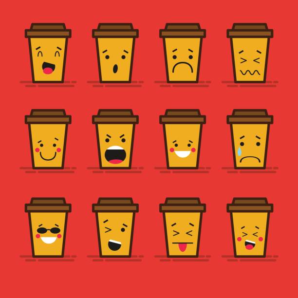 istock Set of 12 modern flat emoticons: Coffee take-away or coffee to go, cardboard cup with plastic lid, hot drink, smile, sadness and other emotions. Vector illustration isolated of red background. 685229604
