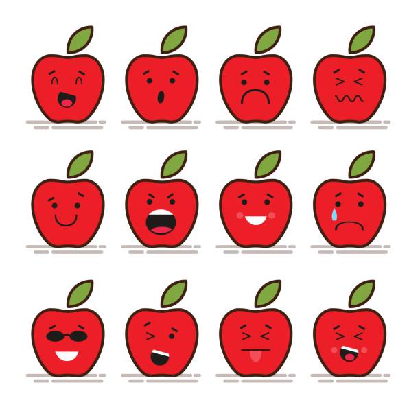 Ilustración de Conjunto De 12 Emoticonos Planos Moderno Manzana Roja Con  Hojas Comida Fruta Sonrisa Tristeza Y Otras Emociones Ilustración De Vector  Aislado De Fondo Rojo y más Vectores Libres de Derechos