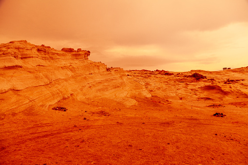 Martian view like red planet with arid landscape, rocky hills for space exploration and science fiction backgrounds