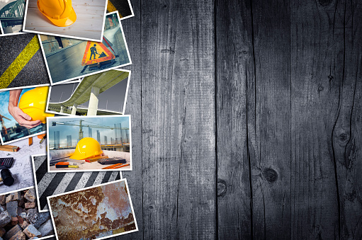 Construction photo collage on wooden background