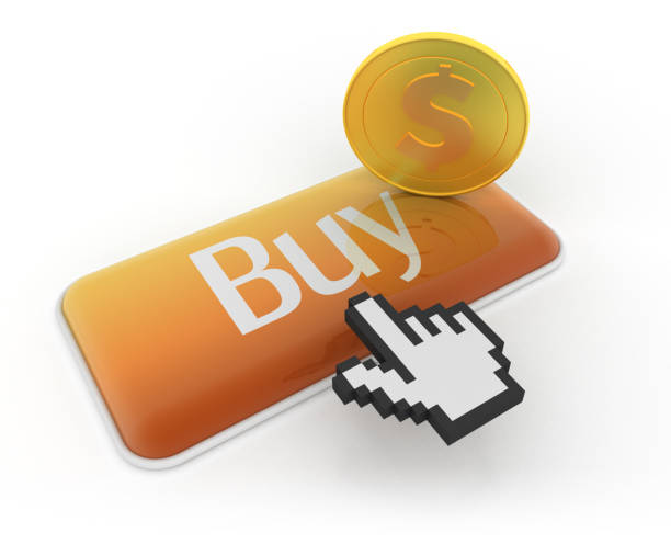 istock Hand cursor on buy button with coin -  dollar sign 685262452