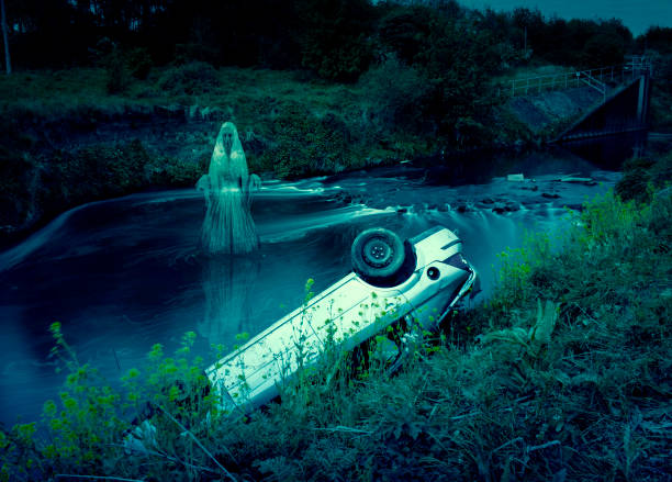 Car Crash In River With Ghost stock photo