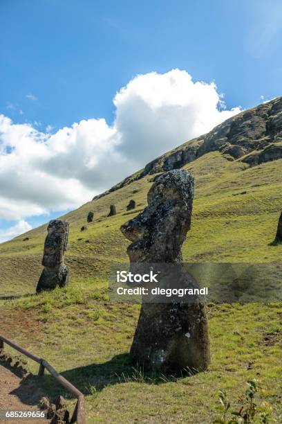 Moai Statues Of Rano Raraku Volcano Quarry Easter Island Chile Stock Photo - Download Image Now