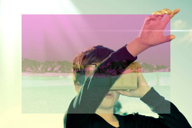 istock Double Exposure of Boy with Cardboard Virtual Reality Glasses 685271984