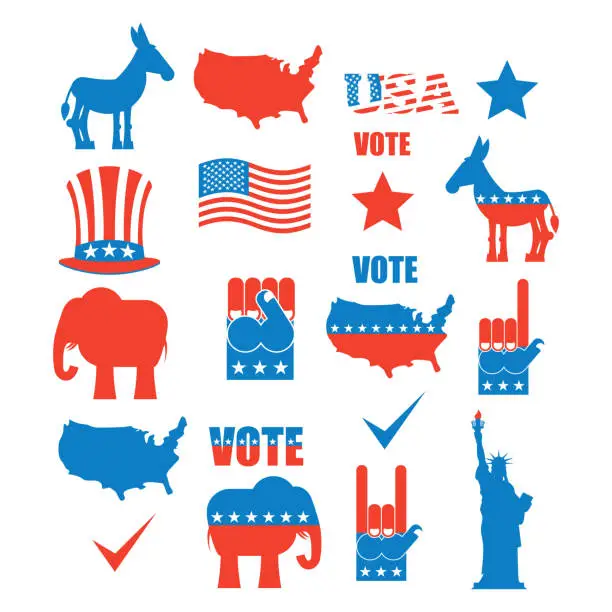Vector illustration of American Elections icon set. Republican elephant and Democratic donkey. Symbols of political parties in America. Statue of Liberty and USA map. Fist and Uncle Sam hat
