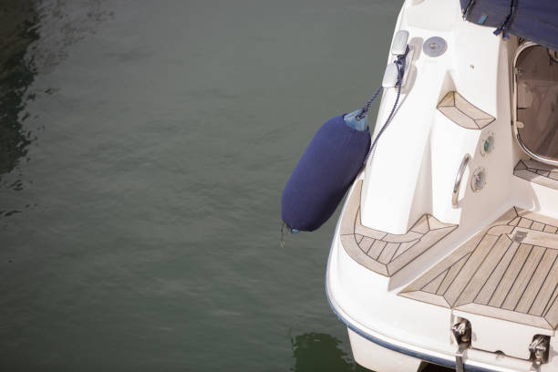 istock Expensive sailing boat with deck and blue buoy on quayside 685283266