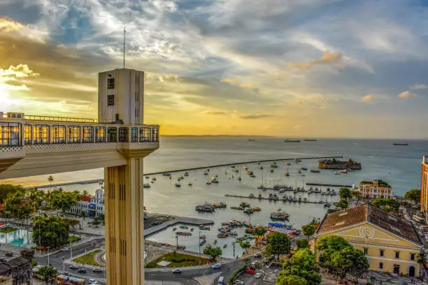 Photo of View of Lacerda Elevator and All Saints' Bay in Salvador, Bahia, Brazil.