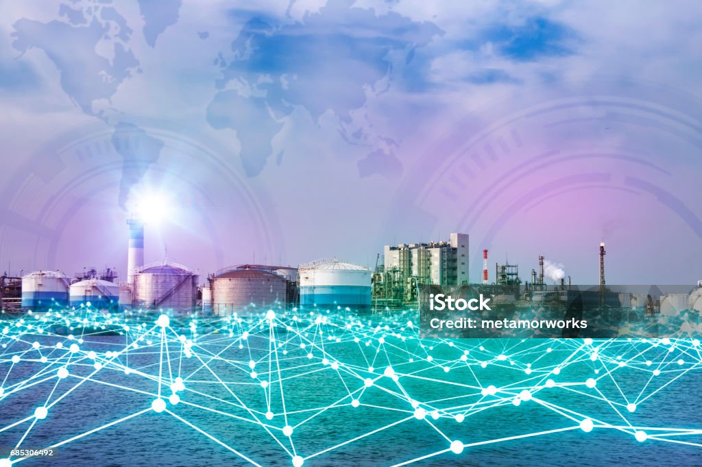 modern factory skyline and mesh network concept Intelligence Stock Photo