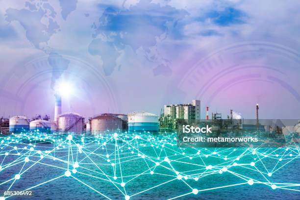 Modern Factory Skyline And Mesh Network Concept Stock Photo - Download Image Now - Intelligence, Internet of Things, Chemical