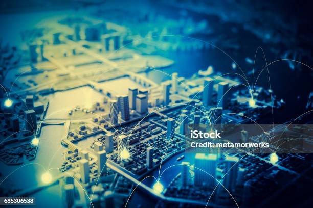 Duotone Graphic Of Smart City And Communication Network Concept Iot Digital Transformation Abstract Image Visual Stock Photo - Download Image Now