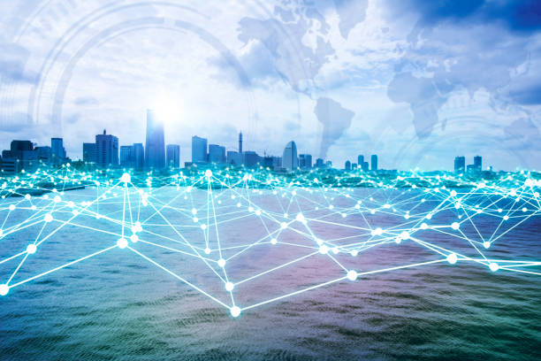 modern city skyline and mesh network concept