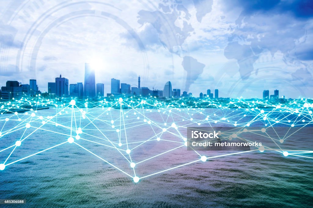 modern city skyline and mesh network concept Water Stock Photo