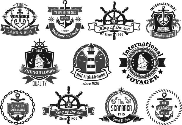 ilustrações, clipart, desenhos animados e ícones de emblema do mar definido com âncora, leme, barco à vela - helm nautical vessel sailing ship sailing