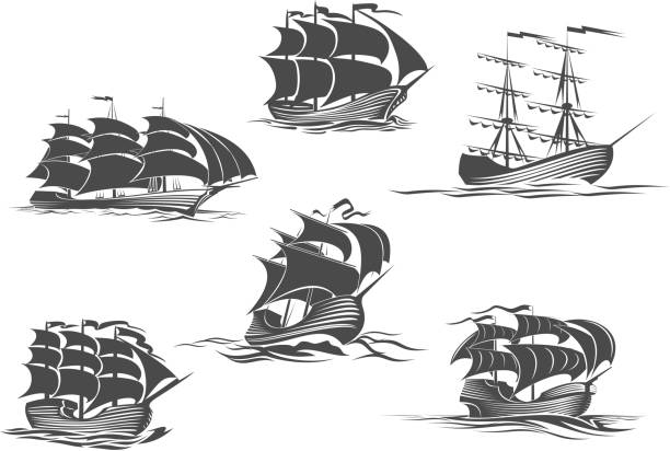 Sailing ship, sailboat, yacht and brigantine icon Sailing ship, sailboat, yacht and brigantine isolated icon set. Old sailing vessel under full sails and flags on masts silhouettes for sailing sport, ocean cruise, marine trip, regatta design sailing ship stock illustrations