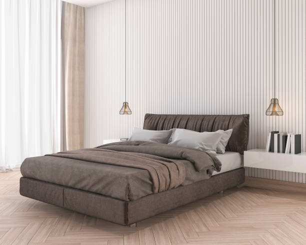 istock 3d rendering soft and comfortable brown bed in minimal bedroom 685373902