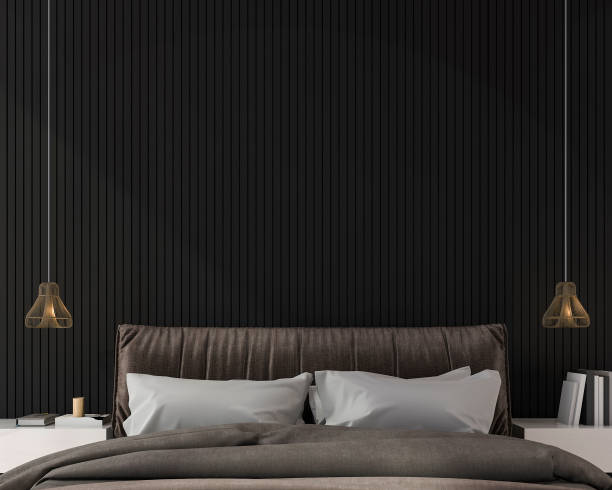 istock 3d rendering black minimal bedroom with lamp and book decor 685373904