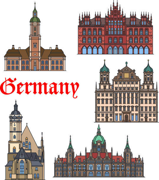 ドイツ旅行ランドマーク細い線アイコンを設定 - st colomans church点のイラスト素材／クリップアート素材／マンガ素材／アイコン素材