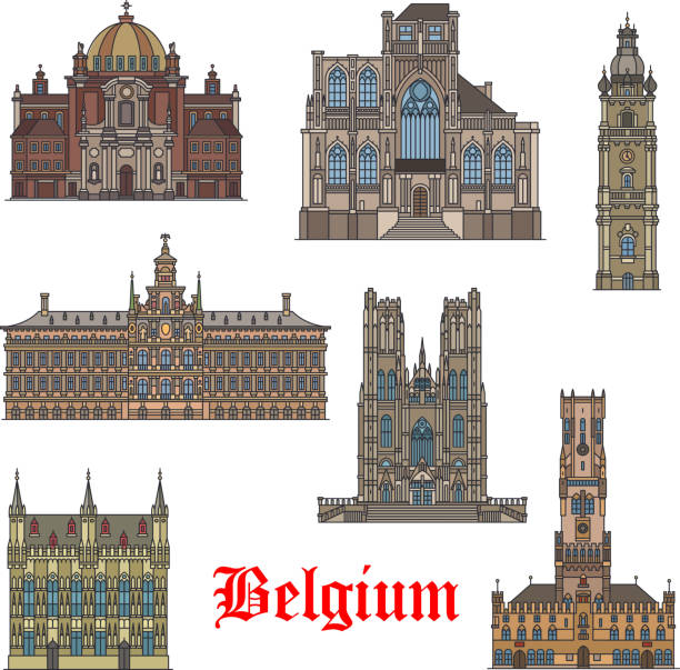 ilustraciones, imágenes clip art, dibujos animados e iconos de stock de icono de monumentos viajes belga para el diseño de turismo - bruges town hall