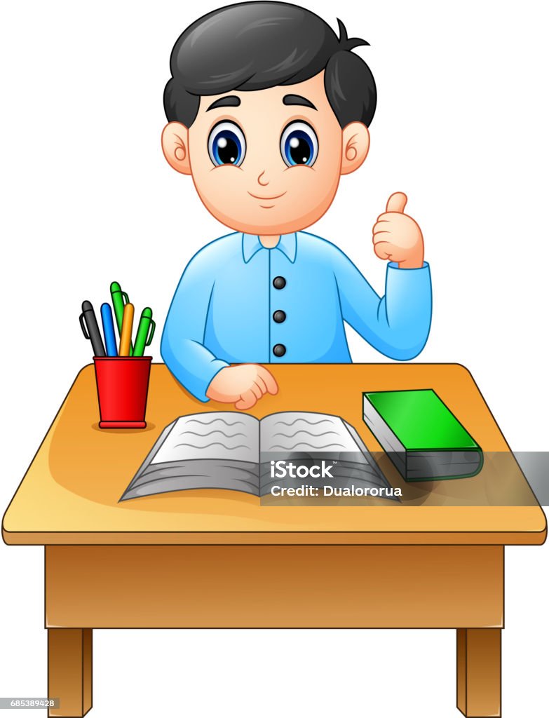 Cartoon Boy Learning At Table Giving Thumbs Up Stock Illustration -  Download Image Now - Elementary Student, Reading, Activity - iStock