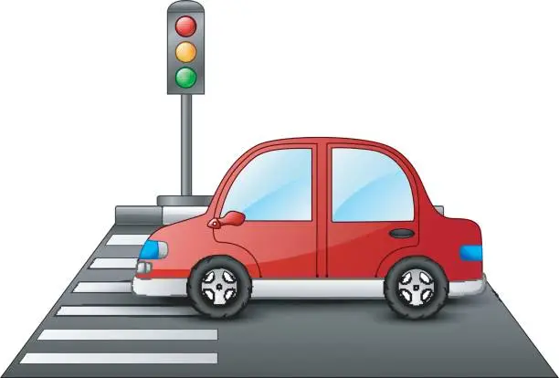 Vector illustration of Red car and traffic lights on a pedestrian crossing