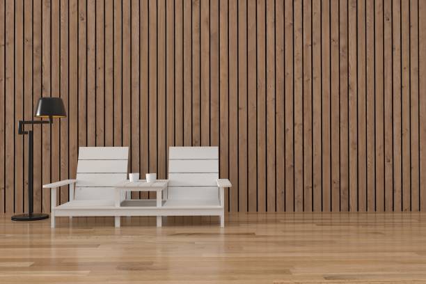 istock interior with set of white chair in the empty wood room in 3D rendering 685396878