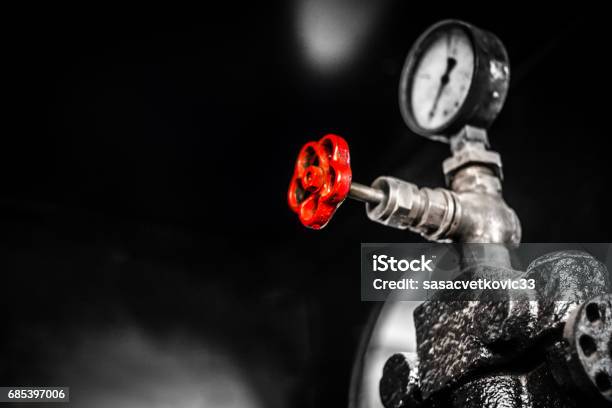 Pressure Gauge And Cylinders Black And White Stock Photo - Download Image Now - Ancient, Antique, Black And White