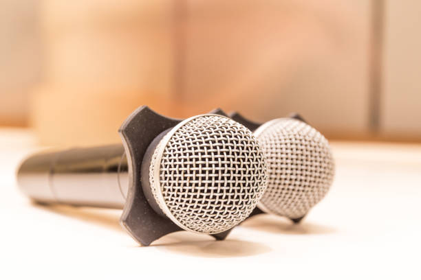 istock Two microphones with warm fall color and blurred focus meeting room in background. 685409468