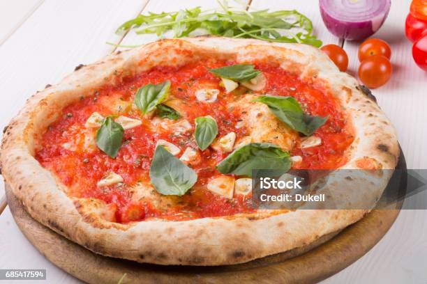 Whole Baked Pizza Stock Photo - Download Image Now - Baked, Basil, Black Color