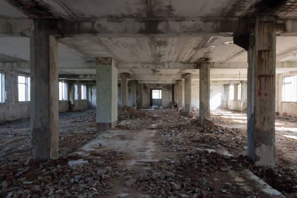 istock Inside destroyed building, ruins of factory 685427442