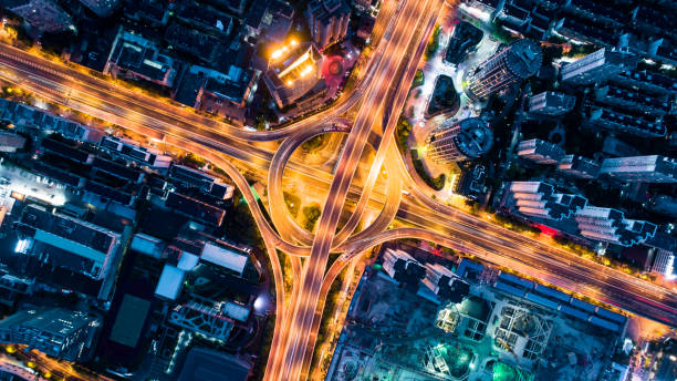 istock Aerial view of overpass at night 685443492