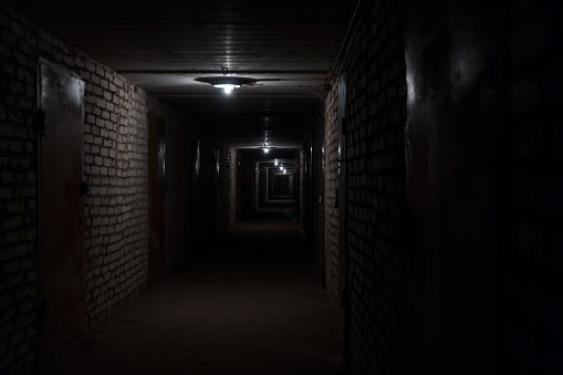 Long corridor in a basement with ceiling lights, metal doors