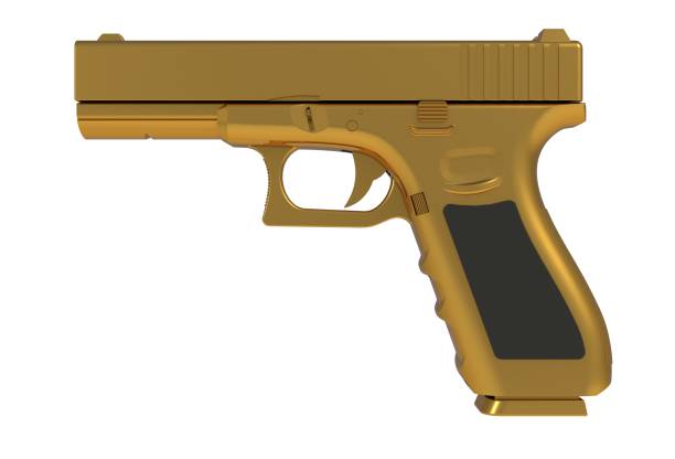 istock Beside view of gold semi automatic 9x19 handgun isolated on white background, 3D rendering 685446752