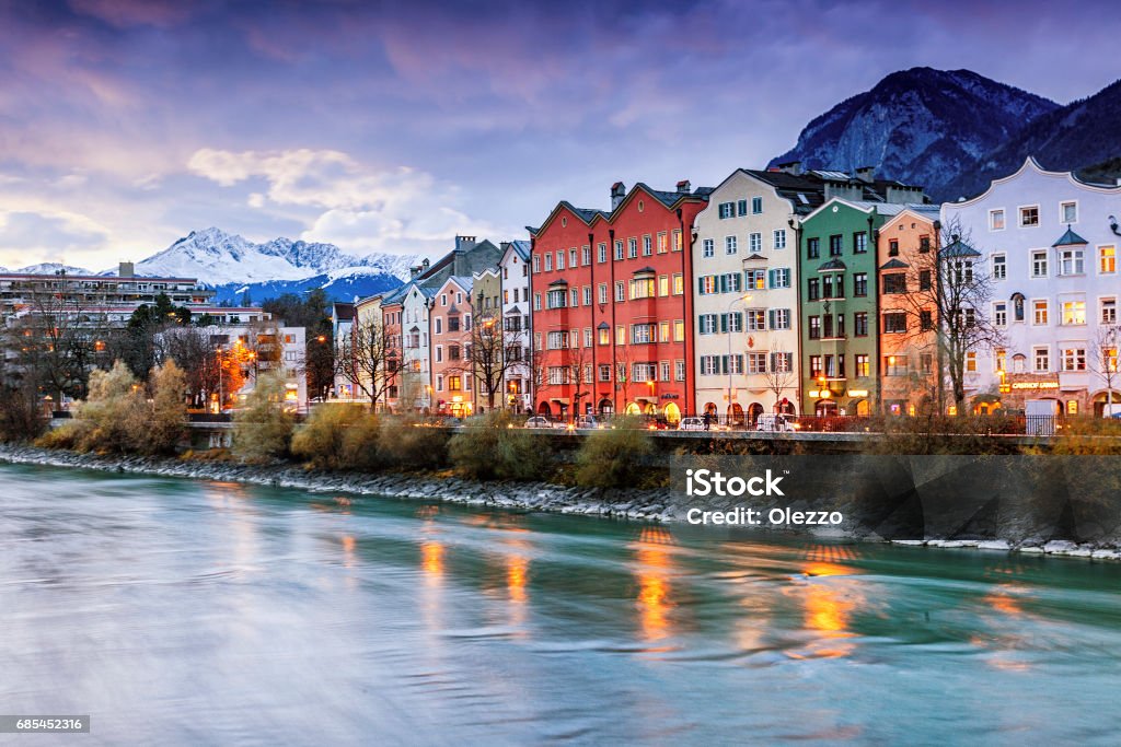 Beautiful cityscape. Innsbruck at night, Austria Beautiful cityscape. Innsbruck at night, Austria. Popular holiday destinations in Europe. The town surrounded by the Alps Innsbruck Stock Photo