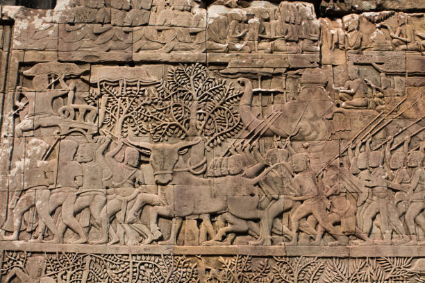 istock Stone bas reliefs outside Bayon temple 685461380