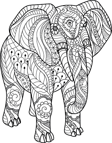 Elephant on white background Freehand sketch for adult anti stress coloring book page with doodle and sketch elements.