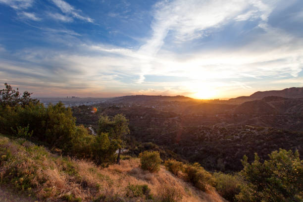 Los Angeles, view from Griffith Park at the Hollywood hills at sunset, southern California, United States of America stock photo