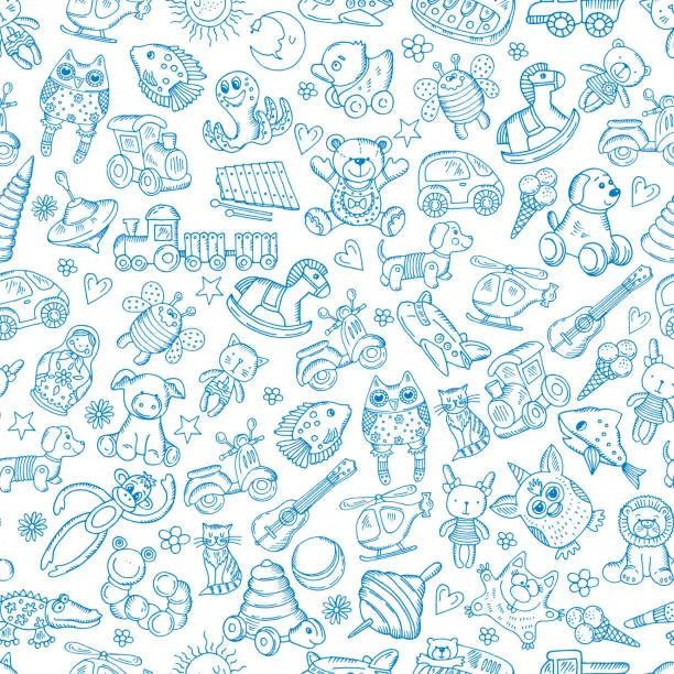Vector illustration of Children with toys. Seamless pattern with vector hand drawn illustration
