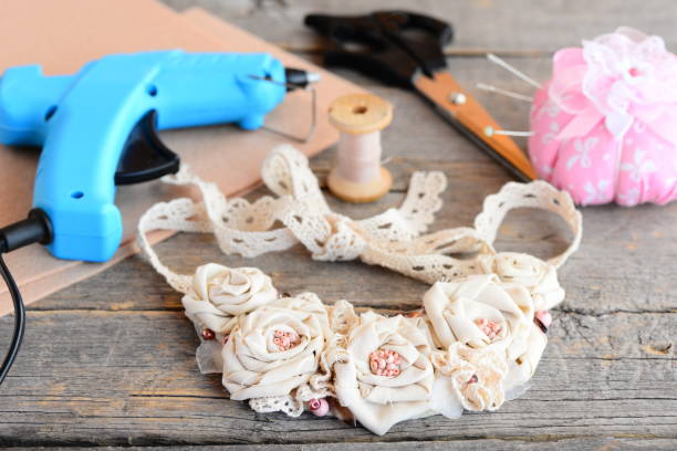 istock Creating a necklace using vintage and upcycled cotton fabrics and beads on a felt base 685467744