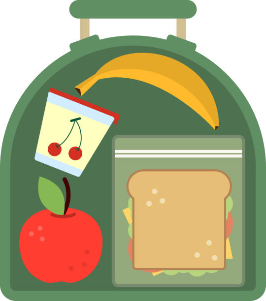 lunchbox mit essen. mahlzeit, apple und sandwich. gesunden cartoon-vektor-illustration - lunch box packed lunch apple symbol stock-grafiken, -clipart, -cartoons und -symbole