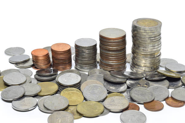 istock Step of Thai coins on white 685471208