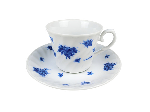 Set of various tea cups. Top view. Different ornaments. Flowers, colors . White background. Clipping path.
