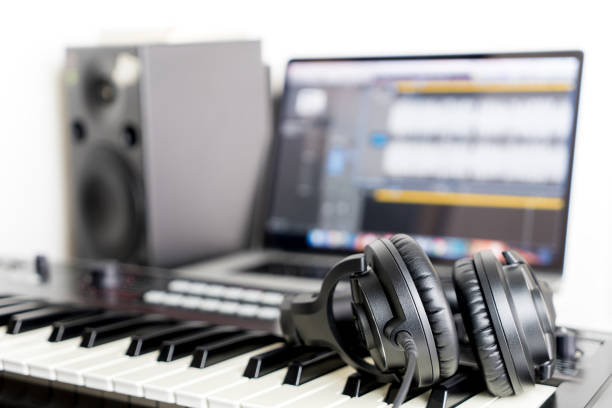 istock Home Studio recording Equipment with keyboard and headphone 685478514