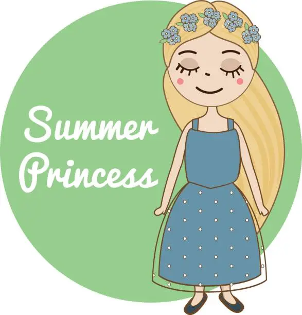 Vector illustration of Hand drawn girl with long blonde hair and forget-me-not flowers wreath. Beautiful kid in blue summer dress. Cute female character. Vector illustration
